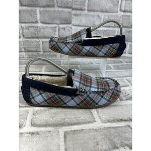 Lands' End Women's Size 7 Suede Leather Sherpa Lined Plaid Moccasin Slippers